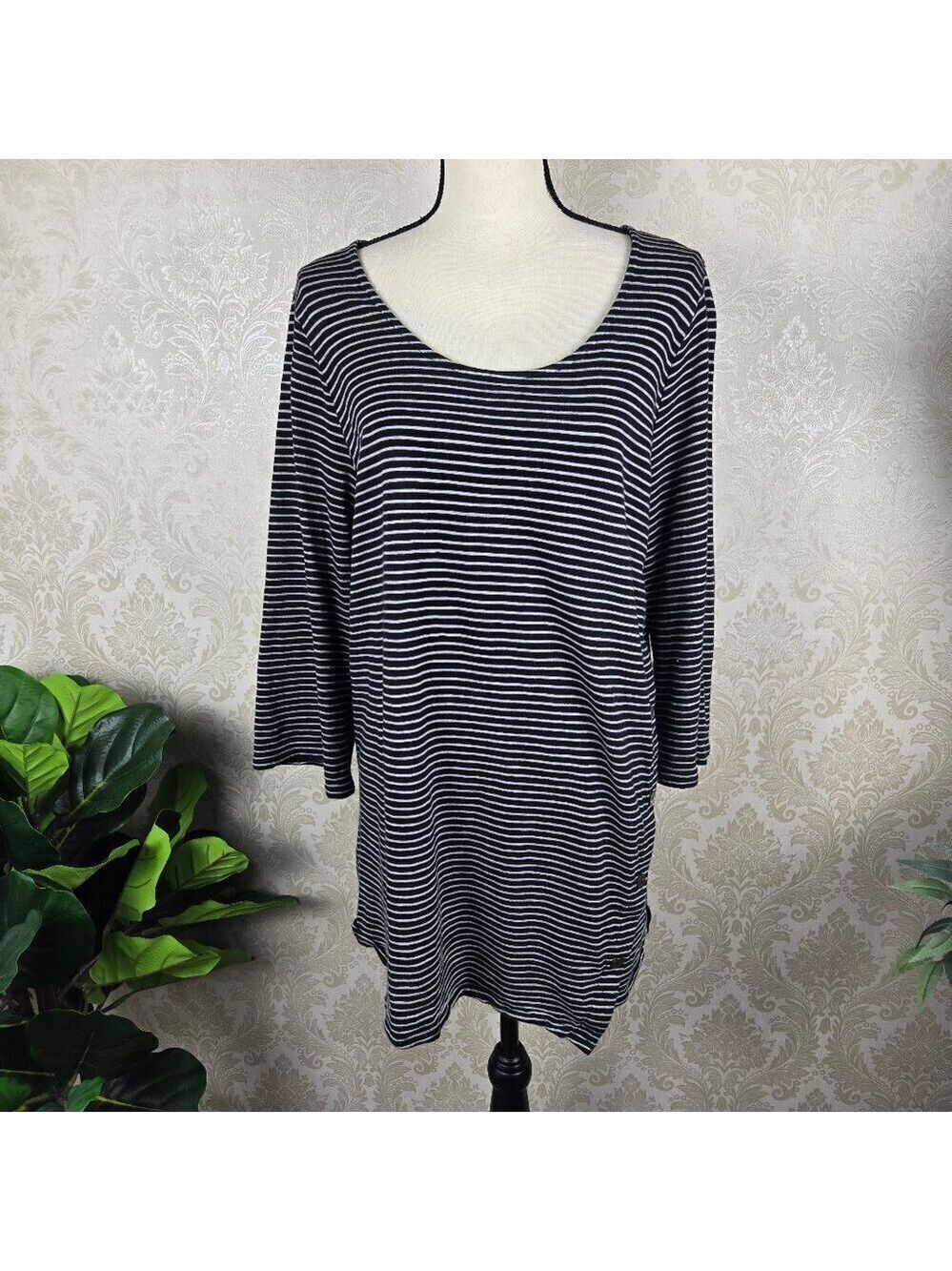 PureJill Size Large Black White Striped Asymmetric Button Tunic Top 3/4 Sleeves